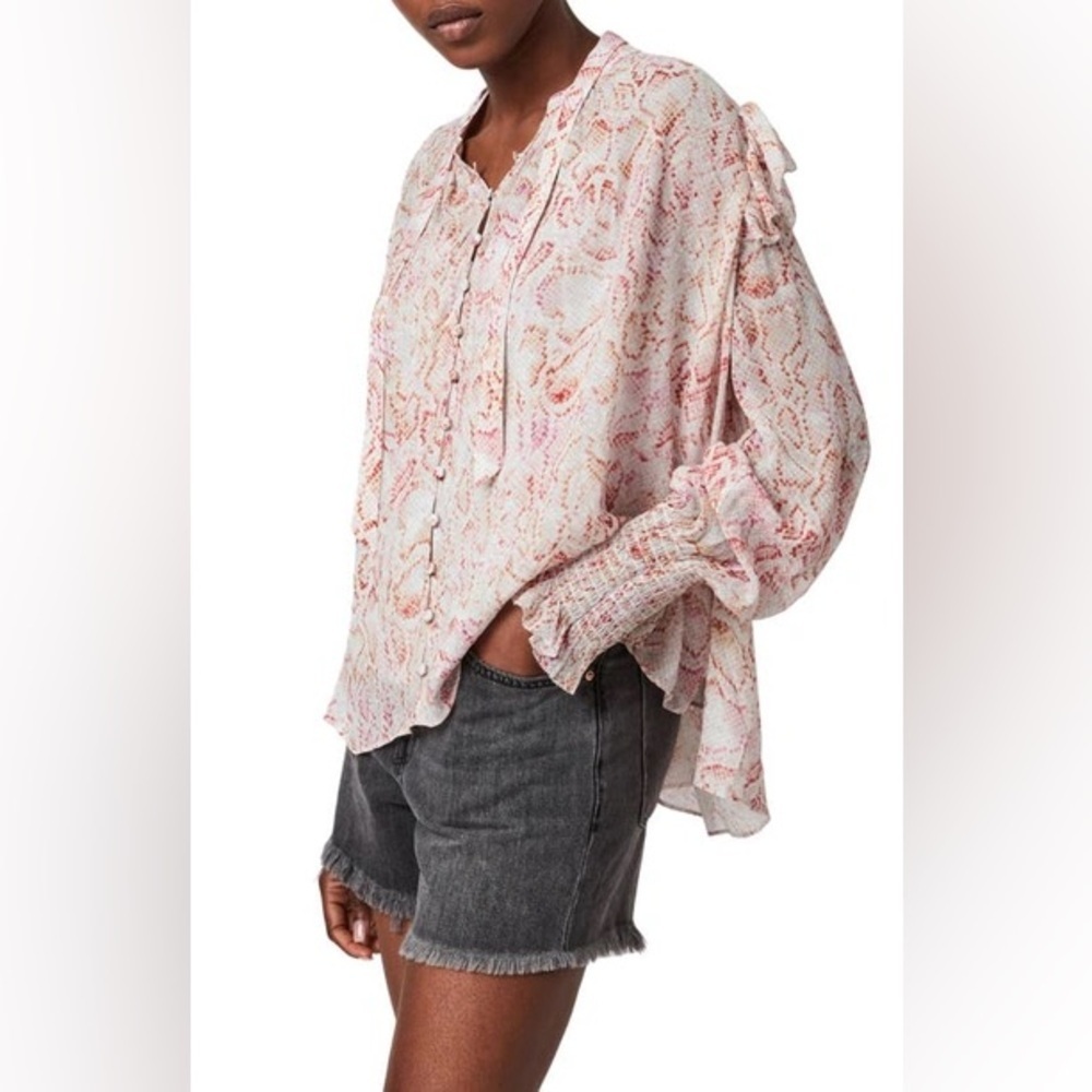 ALLSAINTS Lara Vernus Snakeprint Romantic Ruffled Victorian Style Pink Blouse 10 - Picture 2 of 8